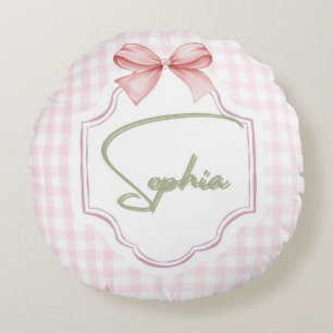 Sophia Personalisiert Pink Bow & Gingham Print Rundes Kissen