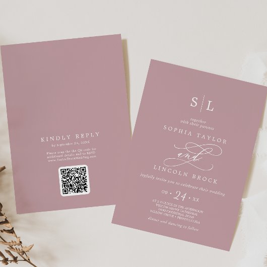 SOPHIA QR Code Dusty Rose Pink in einer Hochzeit Einladung
