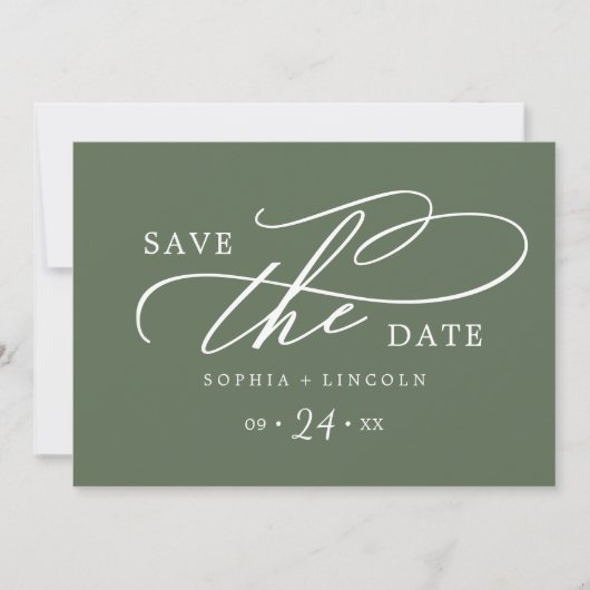 SOPHIA Rustic Woodland Olive Green QR Code Hochzei Save The Date (Vorderseite)