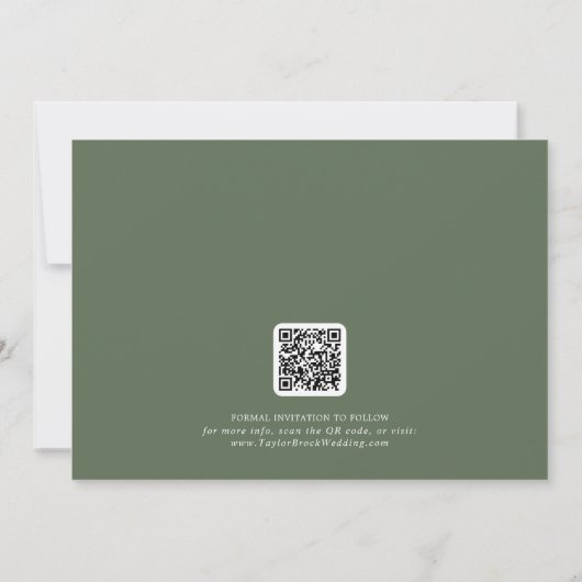 SOPHIA Rustic Woodland Olive Green QR Code Hochzei Save The Date (Rückseite)
