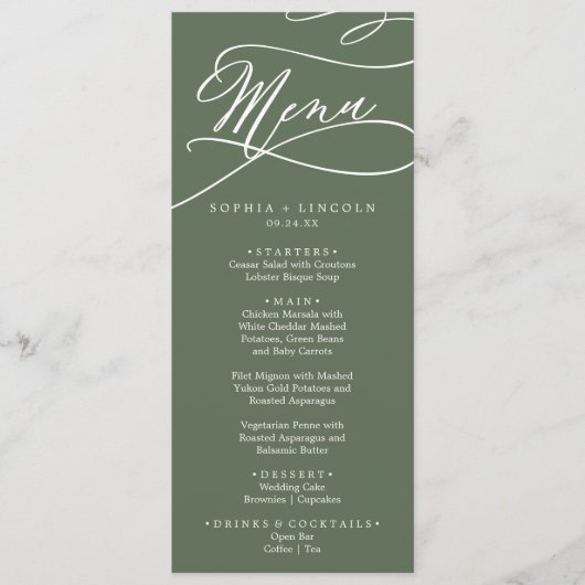 SOPHIA Rustikale Waldweide Grüne Hochzeit Menükarte (Vorderseite)