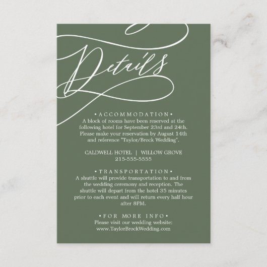 SOPHIA Rustikales Waldland Grüne Hochzeit Details Begleitkarte (Vorderseite)