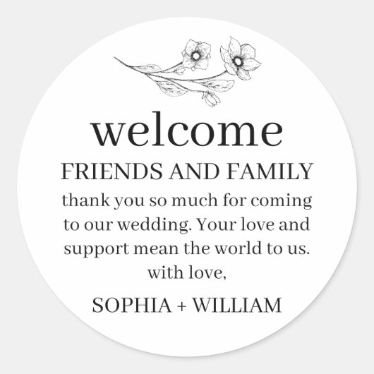 Sophia Simple Schwarz-weiß Wedding Welcome Bag Runder Aufkleber (Vorderseite)