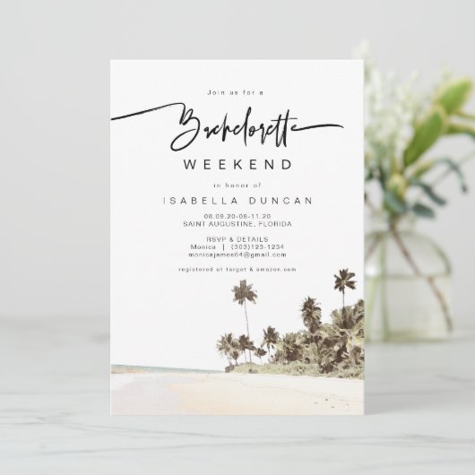 SOPHIA | Tropical Beach Palm Tree Bachelorette Einladung (Stehend Vorderseite)