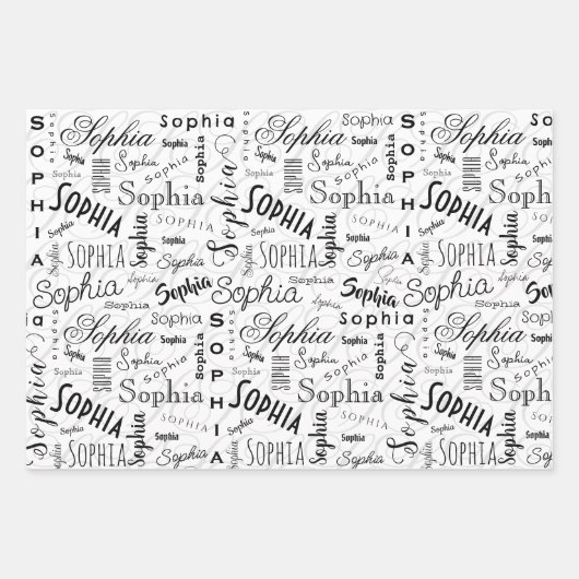 Sophia Typografie Schwarz-weiß Geschenkpapier Set (Vorderseite)