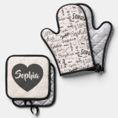 Sophia Typografie Schwarz-weiß Ofenhandschuh & Topflappen-Set (Vorderseite/Rückseite)