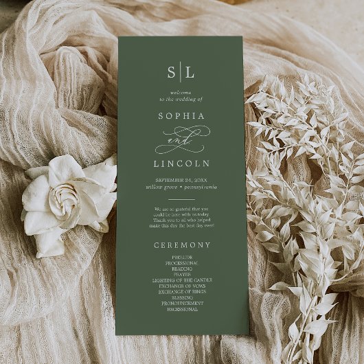SOPHIA Woodland Olive Green Monogram Wedding Programm