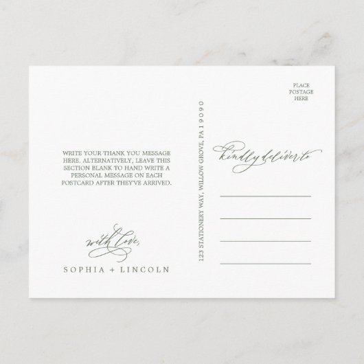 SOPHIA Woodland Olive Green Wedding Vielen Dank Postkarte (Rückseite)