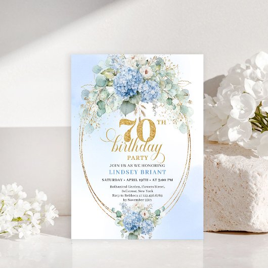 Sophisticated 70th Birthday Blue Hydrangea Invite Einladung