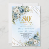 Sophisticated 80th Birthday Invite Dusty Blue Gold Einladung (Vorderseite)