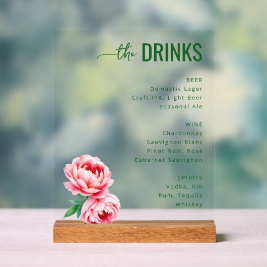 Sophisticated Black Floral Beverage Menu Acrylschild (Neutral)