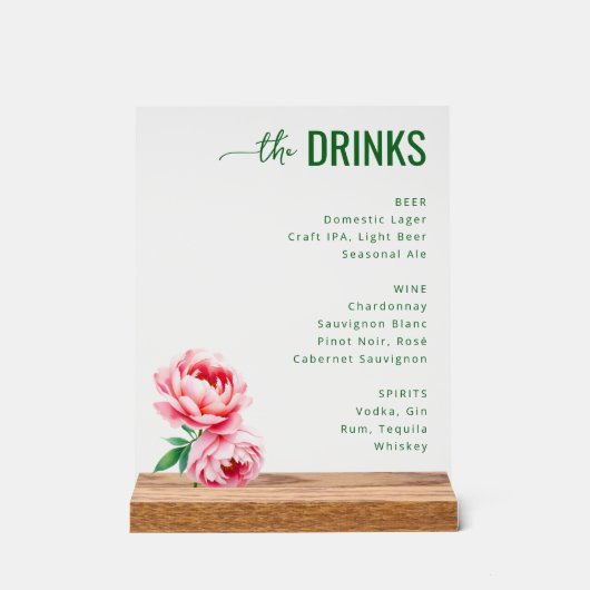 Sophisticated Black Floral Beverage Menu Acrylschild (Vorderseite)