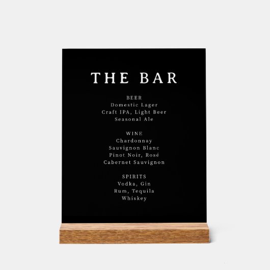 Sophisticated Black Serif Bar Menu Sign Acrylschild (Vorderseite)