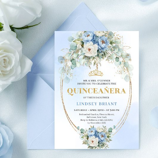 Sophisticated Blue Peonies Quinceañera Invitation Einladung