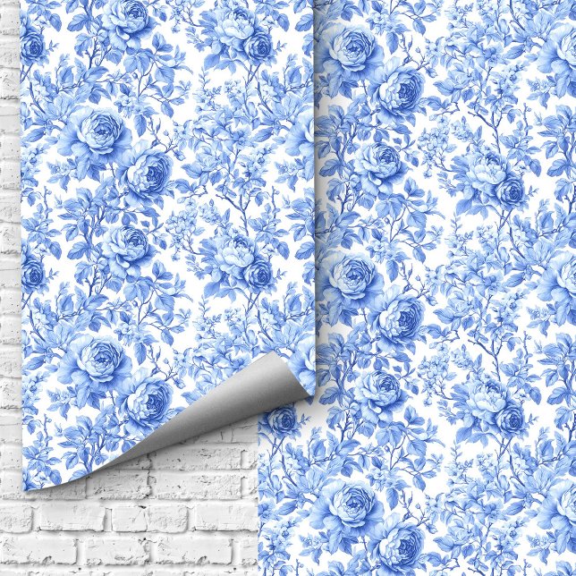 Sophisticated Blue Toile Roses Floral Wallpaper  Tapete (Sophisticated Blue Toile Roses Floral Wallpaper Design)