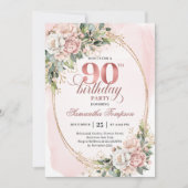 Sophisticated Blush Gold Eucalyptus 90th Birthday  Einladung (Vorderseite)