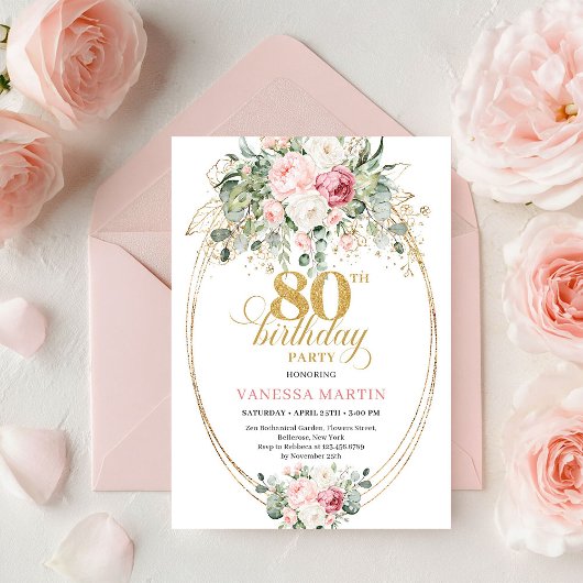 Sophisticated Bohemian Blush Roses 80th Birthday Einladung