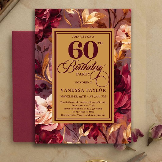 Sophisticated Boho 60th Birthday Maroon Blush Gold Einladung