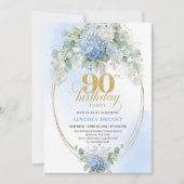 Sophisticated Boho Blue Floral Gold 90th Birthday Einladung (Vorderseite)
