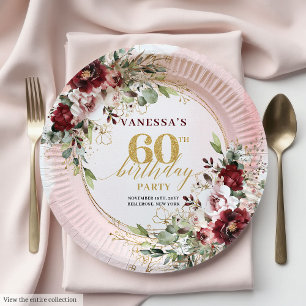 Sophisticated Boho Burgunderrot Goldene Rosen 60.  Pappteller