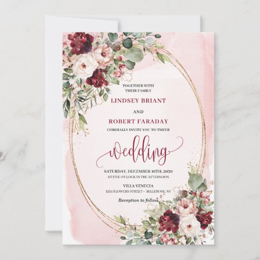 Sophisticated Boho Maroon Blush Gold Floral Invite Einladung (Vorderseite)