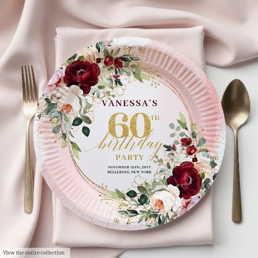 Sophisticated Boho Marsala Blush Gold Roses Plates Pappteller