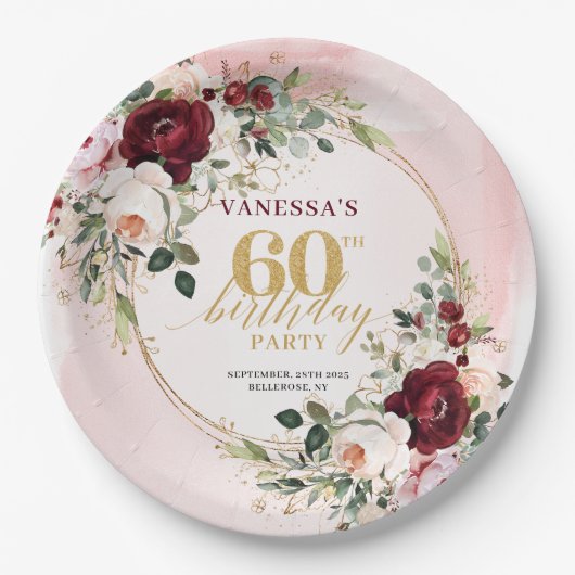 Sophisticated Boho Marsala Blush Gold Roses Plates Pappteller (Vorderseite)