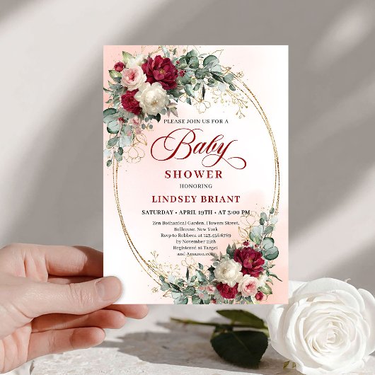 Sophisticated Boho Marsala Floral Gold Baby Shower Einladung