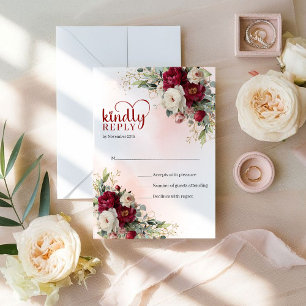 Sophisticated Boho Rot Weiß Floral Gold Hochzeit  RSVP Karte