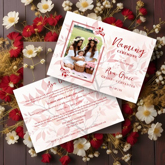 Sophisticated Botanical Red Frame Photo Naming  Einladung