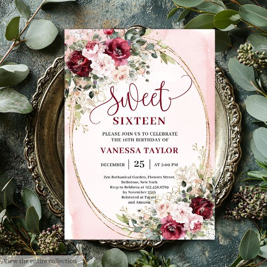 Sophisticated Burgundy Blush Sweet Sixteen Invites Einladung