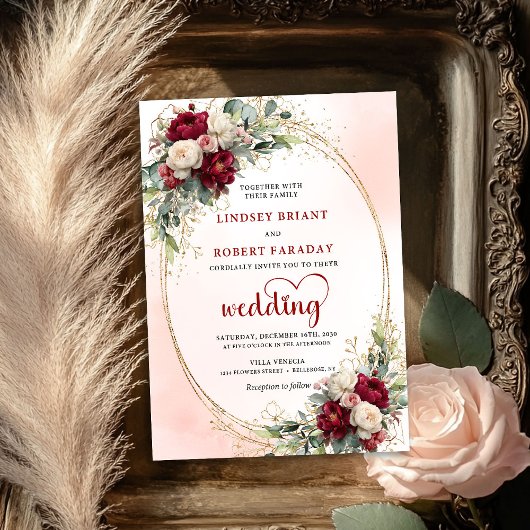 Sophisticated Burgundy Boho Floral Wedding Invite Einladung