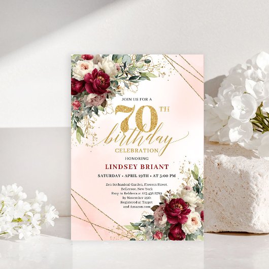 Sophisticated Burgundy Floral Boho 70th Invitation Einladung