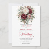 Sophisticated Burgundy White Floral Gold Wedding Einladung (Vorderseite)