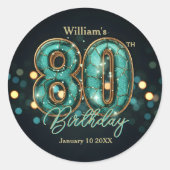 Sophisticated Chic Teal and Gold 80th Birthday Runder Aufkleber (Vorderseite)