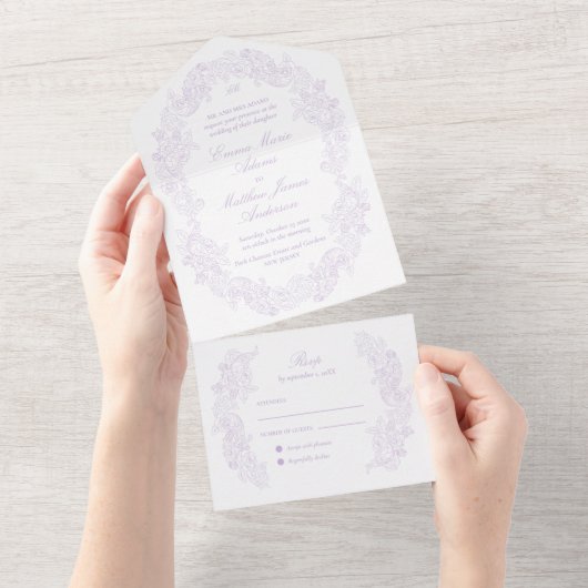 Sophisticated Classic Script Purple Wedding All In One Einladung (Abreißen)