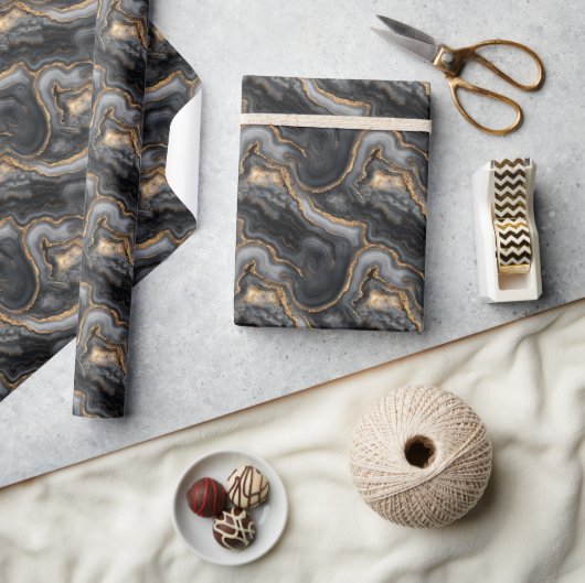 Sophisticated Dark Gray Marbled Gold Waves Geschenkpapier (Kunsthandwerk)