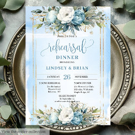 Sophisticated Dusty Blue Gold Frame Dinner Invite Einladung