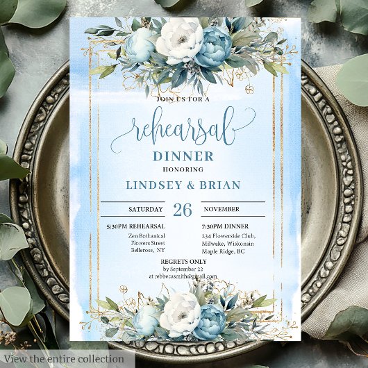 Sophisticated Dusty Blue Gold Frame Dinner Invite Einladung