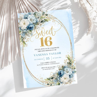 Sophisticated Dusty Blue Gold Sweet Sixteen Invite Einladung