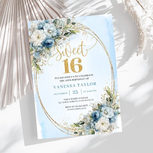 Sophisticated Dusty Blue Gold Sweet Sixteen Invite Einladung
