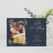 Sophisticated Elegant Flourish Navy Photo Wedding Einladung (Stehend Vorderseite)