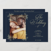 Sophisticated Elegant Flourish Navy Photo Wedding Einladung (Vorne/Hinten)