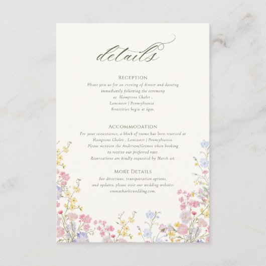 Sophisticated Floral Calligraphy Wedding Details Begleitkarte (Vorderseite)