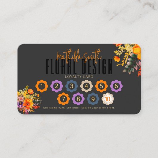 Sophisticated Floral Design Black Orange Loyalty Visitenkarte (Vorderseite)