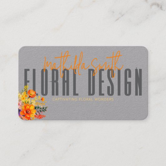 Sophisticated Floral Design Gray Orange Flowers  Visitenkarte (Vorderseite)