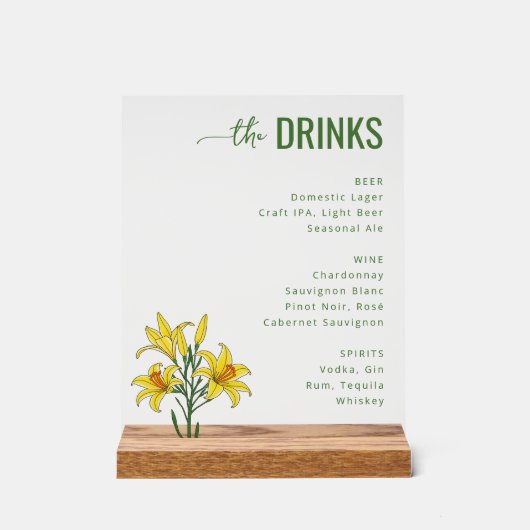 Sophisticated Green Floral Beverage Menu Acrylschild (Vorderseite)