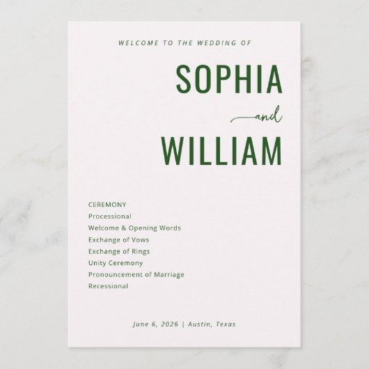 Sophisticated Green Minimalist Wedding Ceremony Programm (Vorderseite)