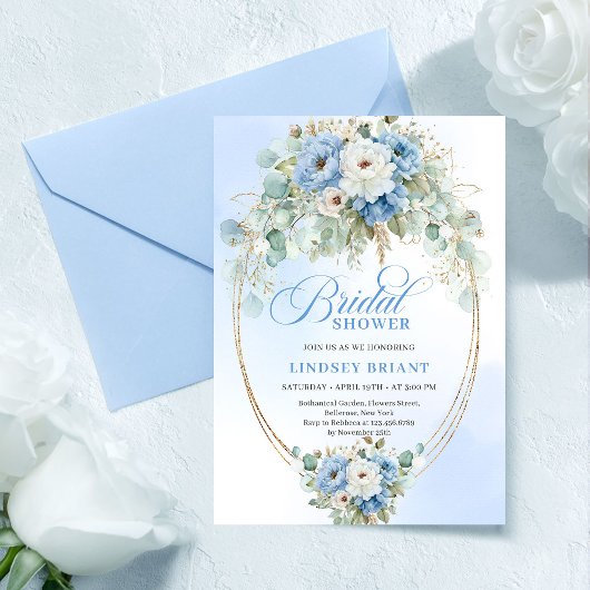 Sophisticated Light Blue Floral Gold Bridal Shower Einladung