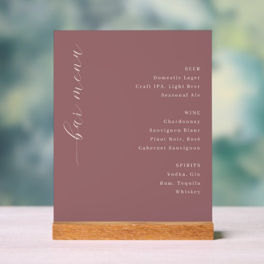 Sophisticated Maroon Minimalist Bar Menu Acrylschild (Neutral)
